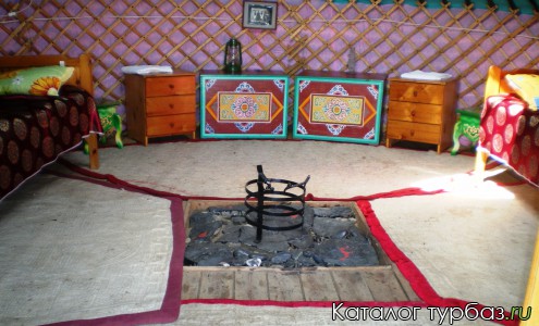 Юрта внутри, две раздельные кровати, прикроватные тумбочки, столы, в середине стилизованный очаг